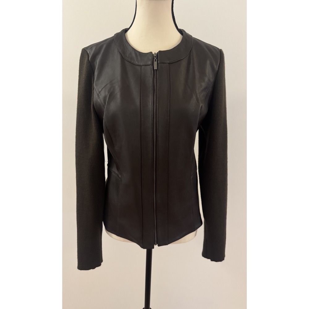 Jaclyn Smith Brown Leather Rib Knit Zip Jacket Women's Medium